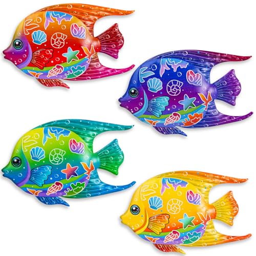 Decoración de pared de peces de metal, 4 unidades de peces de mar, arte de pared para baño, valla, piscina, terraza, apto para interiores o exteriores (pez A)