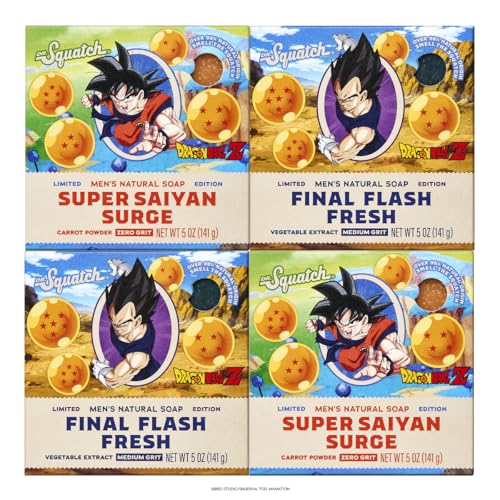 Dr. Squatch Natural Mens Bar Soap Limited Edition Dragon Ball Z Gifts for Men Natural Cold Process Soap Bar Super Saiyan Surge + Final Flash Fresh (5 oz 4-Pack)
