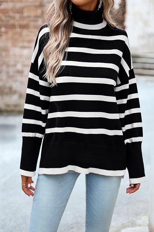 Image of Women's Turtleneck Oversized Sweaters Long Sleeve Split Hem Striped Knit Pullover Tops