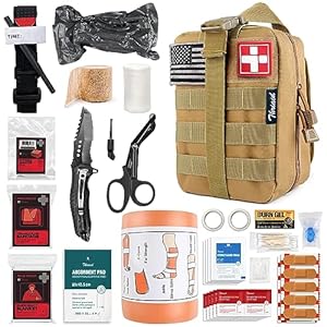 Survival First Aid Kit with Tourniquet, 6″ Israeli Bandage, Splint, Tactical Military Combat Molle IFAK for Wound Care, Gun Shots, Blow Out, Bleeding Control and More (Khaki)