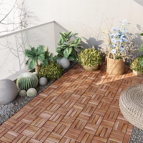 casa.pro Set di 10 Piastrelle per Pavimentazione da Esterno in Legno di Acacia Mattonelle da 30 x 30 cm con Sistema a Incastro, Copertura 0,9m² Design Mosaico - Legno Naturale