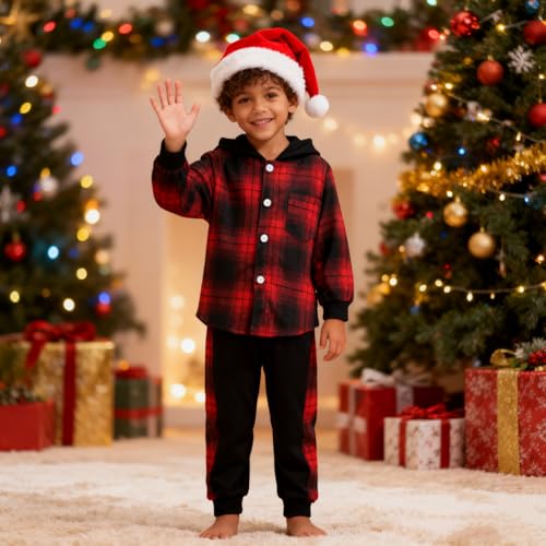 Image of OLMRJKD Toddler Baby Boy Clothes Plaid Long Sleeve Hoodie Sweatshirt + Pants 2pcs Boys Outfit Set