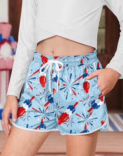 Image of BesserBay Girls 4th of July Elastic Waist Beach Swim Shorts American Flag Trunks with Pockets 5-14 Years