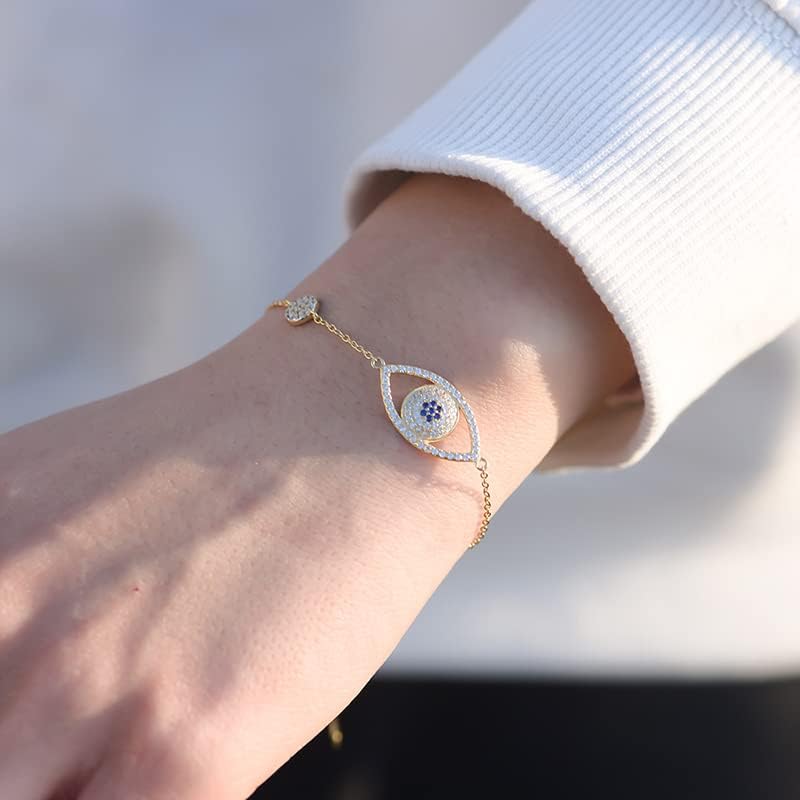Solid 14K Gold Over 925 Silver Moissanite Evil Eye Bracelet for Women,Dainty Adjustable Evil Eye Charm Chain Bracelet,Fashion Christmas Jewelry Gift for Her3