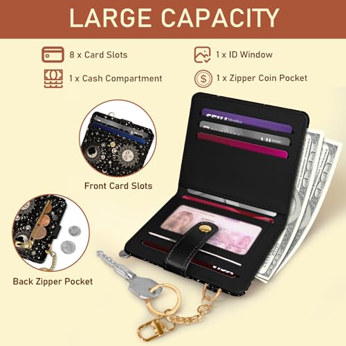 Image of Jogjam Rfid Women Wallet, Small Slim Thin Credit Card Wallet, PU Leather Bifold Cash Wallet, Zipper Coin Pocket & ID Window, Female Ladies Teen Girls Girly Gifts, Sun Moon, Modern