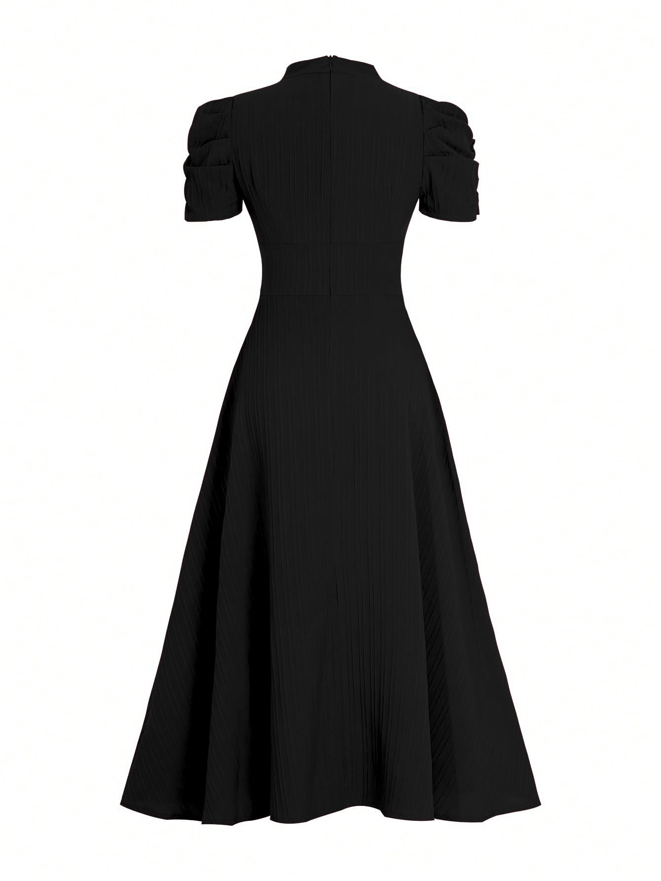 Shasmi Girl's & Women's Black Solid Color V-Neck A-Line Maxi Dress for Women | New Year Party Outfit | Waist Cinched Puff Sleeve Western Dress | Elegant Casual Wear (Dress 246 Black-XL) - Image 7 thumbnail
