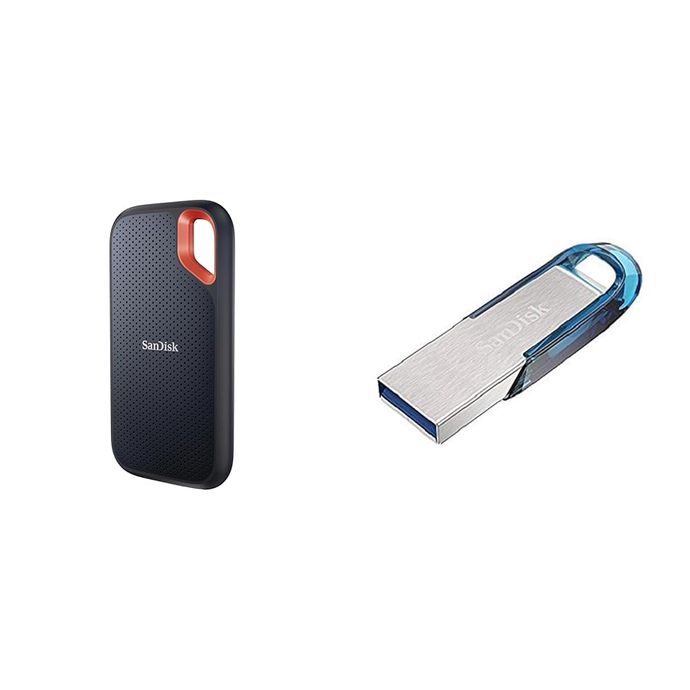 SanDisk Extreme SSD Portable 2 to et clé USB 3.0 Ultra Flair 64 Go (Logiciel Rescue Pro, Protection par Mot de Passe, Corps métallique Robuste et Fin, Vitesse de Transfert de 150 Mo/s) Bleu