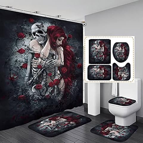 Alabohuke 4PCS Hug Lover Skull Shower Curtain Set, Home Tub Curtains Sets w/Memory Foam Rugs, Non-Slip Bathroom Rugs Bath Mats Toilet Rug, Gothic Waterproof Shower Curtain, 70.8x70.8in Cover