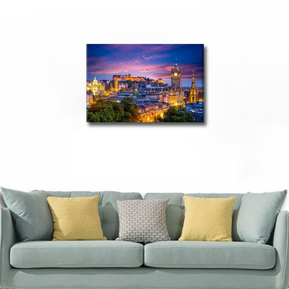 Edinburgh Night Scene View from Calton Hill Modern Cityscape Wall Art for Living Room Wall Decor City Skyline Paintings on Canvas Stretched and Framed Prints 24"x16" - Image 3