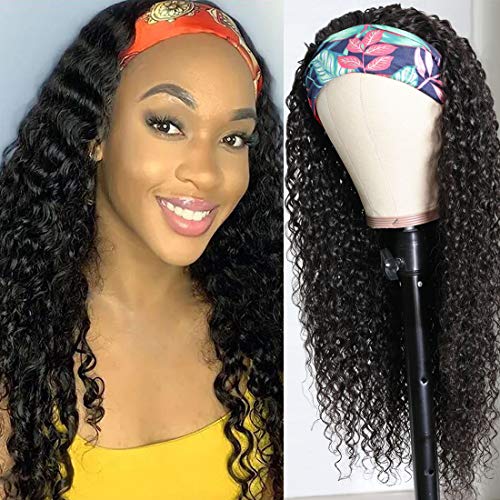 Beauty Forever Headband Human Hair Wig Jerry Curly Glueless Human Hair Scarf Wigs With Pre-attached Scarf Non Lace Wigs for women Wear and Go Wig No Glue No Sew In Natural Color 150% Density 24 Inch
