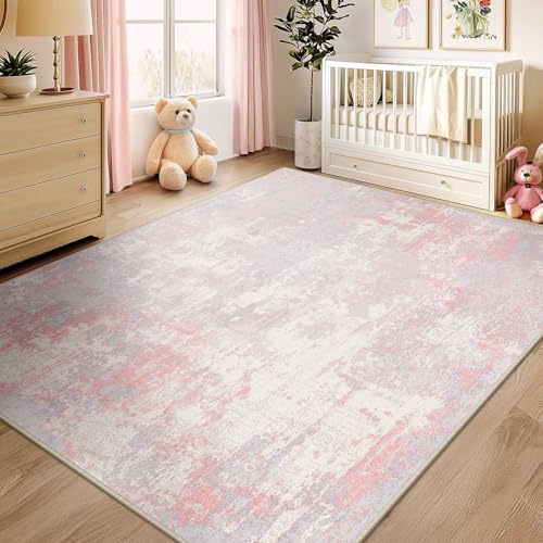Washable Area Rugs 4'x6' Non-Slip Modern Abstract Soft for Living Room Entryway Bedroom Nursery, Print Pattern, Grey Pink