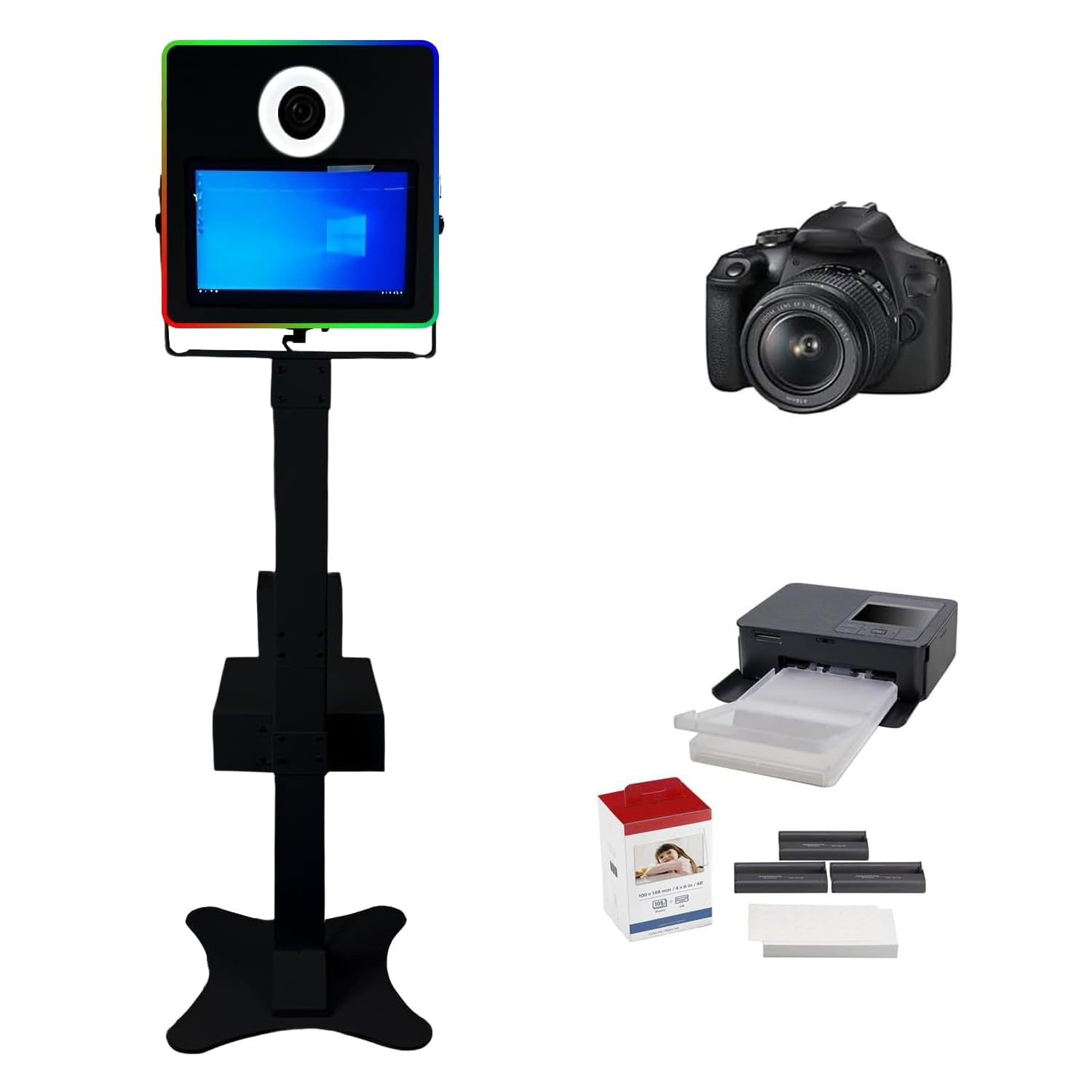 Photomaton portable avec appareil photo reflex numérique et imprimante 15,6 pouces écran tactile Selfie Photobooth Machine avec mini PC RGB Cadre lumineux pour fête de mariage événement Location Pack