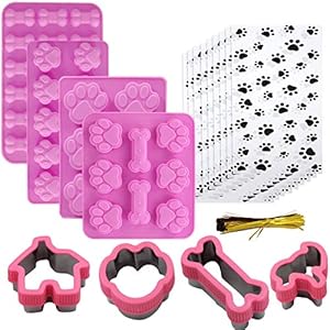 Dog Baking Supplies, Dog Treat Silicone Molds,Stainless Steel Puppy Paw Bone House Cookie Cutters, with 100 Pieces Dog treat bags for Homemade Chocolate, Candy, Jelly, Ice Cube, Doggie Treats