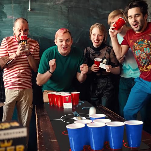 Bierpong Becher Set, Trinkspiel Tisch Matte Set, Beerpong Partybecher Enthält 32 Becher (500ML) +8 Tischtennisbälle+Tischmatte, Wiederverwendbare, Für Party Trinkspiele Camping Geburtstag Hochzeit