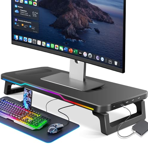 Tarbaha Base Suporte Gamer para Monitor e Notebook, Ajustável, Preto com Luzes RGB, 3 USB + 1 Tipo C