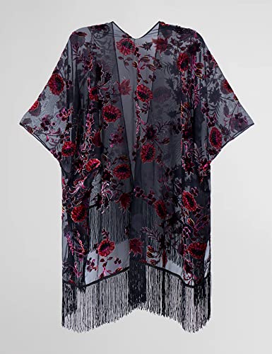 Image of MJ SERECA Women's Burnout Velvet Kimono Cardigan Cover Up with Tassel