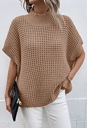 Image of Viottiset Womens Oversized Short Batwing Sleeve Mock Neck Sweater Vest Fall Sleeveless Pullover Knit Sweaters