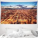 ABAKUHAUS Stadt Wandteppich & Tagesdecke, Chicago Innenstadt Luft, aus Weiches Mikrofaser Stoff Wand Dekoration Für Schlafzimmer, 230 x 140 cm, Orange Dark Orange Blau