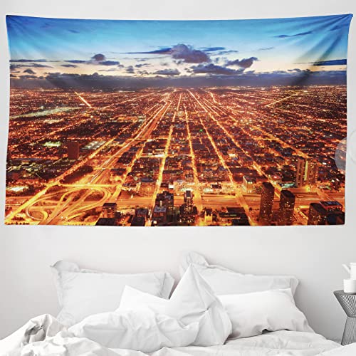 ABAKUHAUS Stadt Wandteppich & Tagesdecke, Chicago Innenstadt Luft, aus Weiches Mikrofaser Stoff Wand Dekoration Für Schlafzimmer, 230 x 140 cm, Orange Dark Orange Blau
