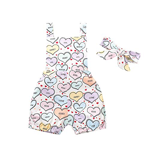 Infant Baby Girl Valentines Day Outfit Overalls Shorts Love Heart Print Suspender Trousers Jumpsuit (White, 6-9 Months)