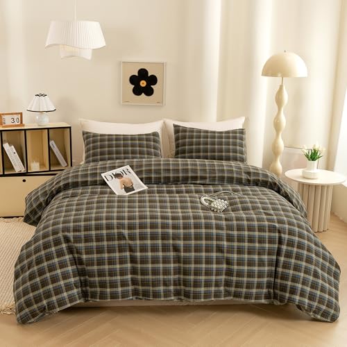 Image of ECOCOTT Buffalo Plaid Duvet Cover Queen Size - 3 Piece Washed Cotton Brown & Blue Bedding Set, Soft & Breathable, Reversible Checkered Design with Zipper Closure & Corner Ties