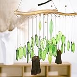YU FENG Natural Green Leaf Glass Wind Chime, Handcrafted with Iron Wood-Look Hanging Bar, Metal Chime, Hanging Decor for Patio, Window & Garden