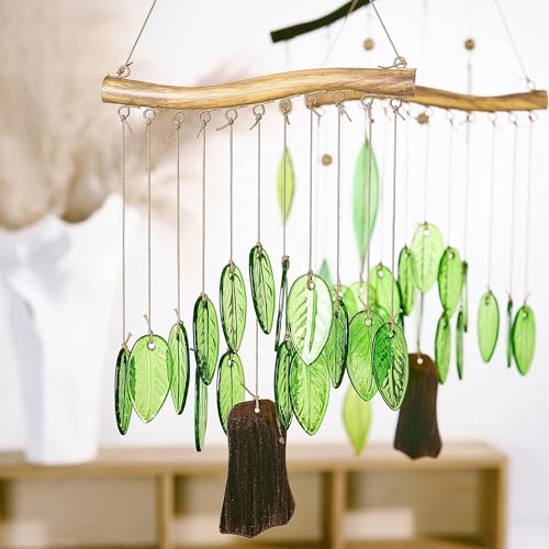 YU FENG Natural Green Leaf Glass Wind Chime Handcrafted with Iron Wood-Look Hanging Bar Metal Chime Hanging Decor for Patio Window & Garden