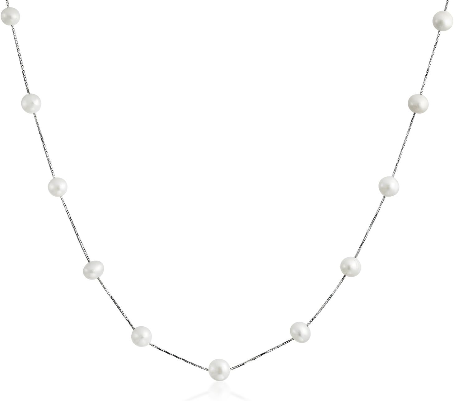 Bridal Tin Cup White Freshwater Cultured 7MM Pearl Chain Station Pearls Necklace For Women Wedding .925 Sterling Silver 18 Inch