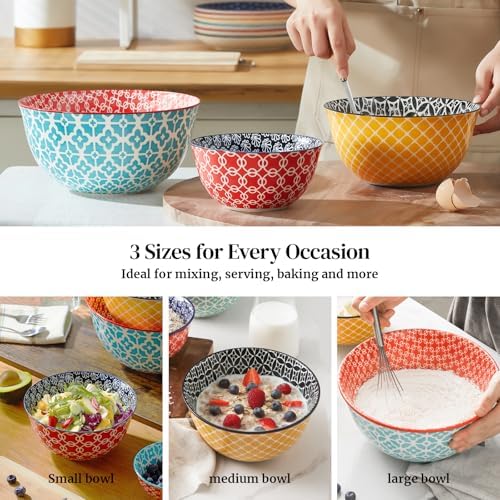 DOWAN Mixing Bowls, Ceramic Mixing Bowls for Kitchen, Colorful Vibrant Nesting Bowls for Cooking, Baking, Prepping, Serving, Salad, Housewarming Gift, Microwave Dishwasher Safe, 3.7/2/1 Qt, Set of 3 - Thumbnail 5