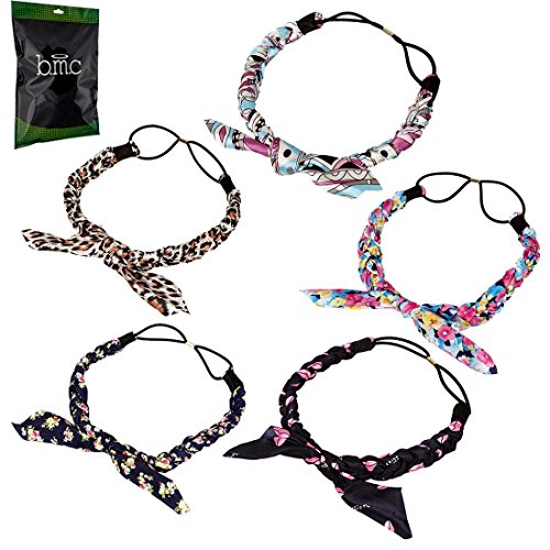 BMC Womens 5 pc Mixed Design Pre-Tied Braided Bunny Ear Fashion Headband Elastic Hair Ties - Set 3: Nature's Beauty