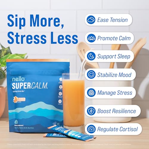 Image of Nello Supercalm Powdered Drink Mix, Cortisol Reducer* and Sleep Aid Supplement, L Theanine, Ksm-66 Ashwagandha, Magnesium Glycinate, Vitamin D 3, No Sugar, Non GMO, On The Go, 20 Ct, Orange Creamsicle