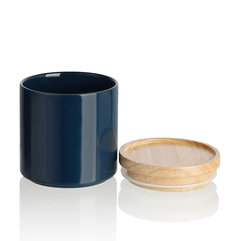 SweejarKitchen Canisters Ceramic Food Storage Jar, Stackable Containers with Airtight Seal Wooden Lid for Serving Ground Coffee, Tea, Sugar, Salt and More - 16 Fl Oz (Navy New)