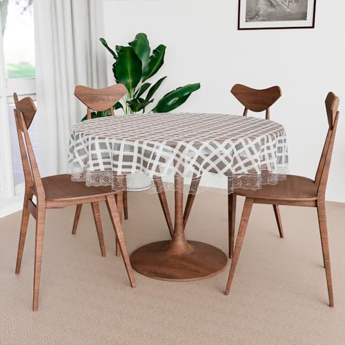 Image of Kuber Industries Round Table Cover | PVC 4 Seater Table Cloth for Round Tables | Self Check Kitchen Dining Tablecloth | 60 Inch | White