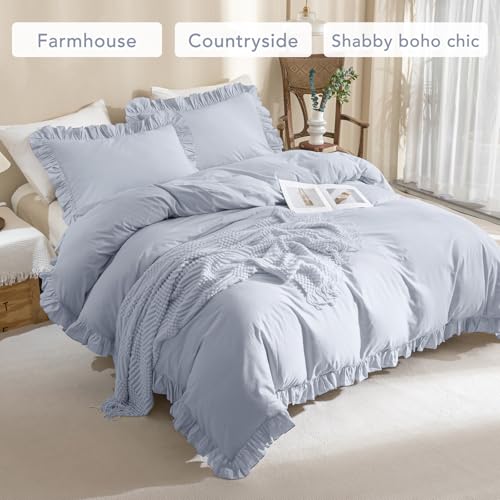 Image of QSH Ruffle Duvet Cover Queen Size Washed Cotton,3pc Linen Feel Farmhouse Shabby Vintage Ruffled Bedding Set French Country Rustic Cornflower Blue Comforter Cover Aesthetic Soft Quilt Cover Set
