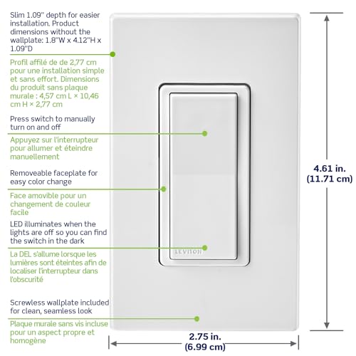 Image of Leviton Decora Smart Switch, Wi-Fi, Works with Matter, Alexa, Google Assistant, Apple Home /Siri & Wired or Wirefree 3-Way, Neutral Wire Required, D315S-1RW, White