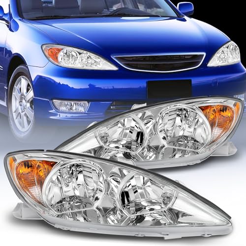 Image of Nilight Headlight Assembly for 2002 2003 2004 Toyota Camry LE /XLE Headlamps Replacement Chrome Housing Amber Reflector Clear Lens Driver and Passenger Side