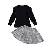 Toddler Baby Girl Long Sleeve Knit Sweater Tops Plaid Pleated Mini Skirts Kids Fashion Outfits Clothes (Q-Black Puff Sleeve Tops & Plaid Skirt, 6-7 Years)