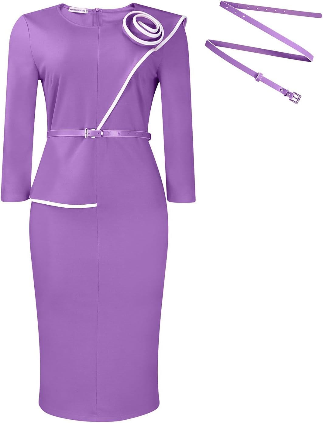 Elegant Church Dress for Women Midi Pencil Dresses Round Neck Business Casual Bodycon Outfits Work with Belt