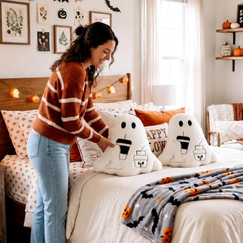 Image of Konohan 2 Pcs Halloween Ghost Throw Pillows Cushions Soft Stuffed Ghost Shaped Throw Pillows for Halloween Party Home Sofa Bed Office Couch Living Room