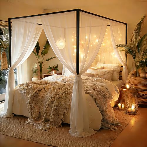YITAHOME Canopy Bed Frame Four Poster Platform Bed with USB Charging Station Metal Bed Frame with Slats Support 12.4 inch Underbed Storage No Box Spring Needed Black Queen Size
