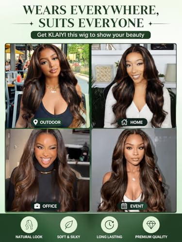 Image of KLAIYI Pre everything 13x4 Lace Frontal Yaki Straight Ombre Chestnut Brown Highlight Loose Body Wave Human Hair Wig Drawstring Bang Glueless Ready to Wear and Go Wig Pre Plucked Bleached Knots 26Inch