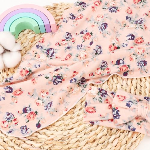 Image of DRESHOW BQUBO Baby Girl Newborn Receiving Blanket with Bow Hat Headband Wooden Birth Announcement Card Set Baby Floral Print Nursery Swaddle Wrap