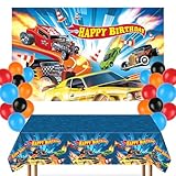 30Pcs Hot Car Birthday Party Decorations Race Cars Backdrop Banner 6.1x3.6ft Racing Plastic Tablecloth Wheels Checkered Flag Foil Balloons for Kids Boys Racer Baby Shower Decor Favor Supplies