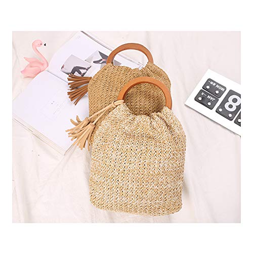 Bolso tote grande de paja tejido con asa redonda de madera miniatura 6