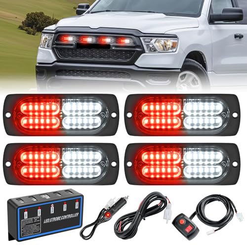 Image of Nilight 4PCS LED Strobe Lights 12V 24V Sync Feature Red White | 24LED Emergency Hazard Warning Lights with Controller Hard Wire or Cigarette Lighter Plug for Car Truck RVs Campers