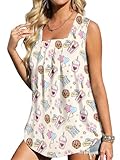 Flafens Summer Tank Tops for Women Girls - Cartoon Design Loose Fit Pleated Babydoll Scoop Neck Smocked Graphic Tshirt Sleeveless Tops for Beach Vacation, X-Large