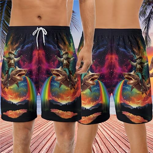Funny Cat Men's Swim Trunks - Cat Laser Hawaiian Shorts for Men, Men's Summer Bathing Shorts Set 343