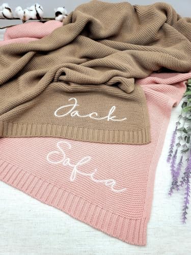 Image of LOVELYPOD Custom Knit Baby Blanket, Personalized Embroidered with Name Nursery Blanket, Newborn, Cotton Knit Stroller Blankets, Birthday Shower Gifts