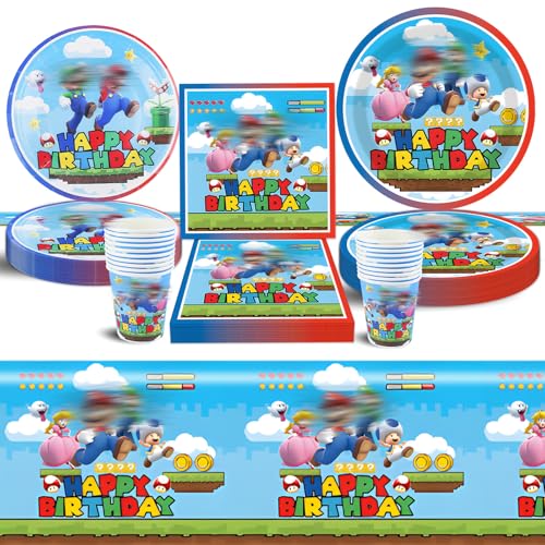 Super Bro Party Tableware Set Kids 51pcs Birthday Decorations Cartoon Themed Birthday Party Supplies For Kids Boys Girls Include Paper Plates Paper Cups And Napkins Tablecloth