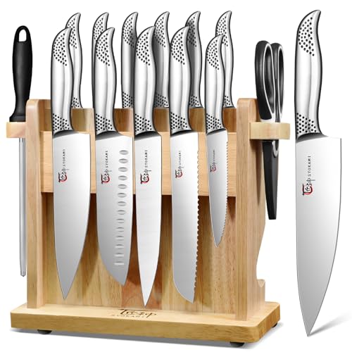 SYOKAMI Japanese Knives Set for Kitchen, Magnetic Knife Set with Block and Sharpener, Stainless Steel Knife Set as Gift for Couple, Wedding, Women or Mom with Gift Box, 14 PCS Black Dot
